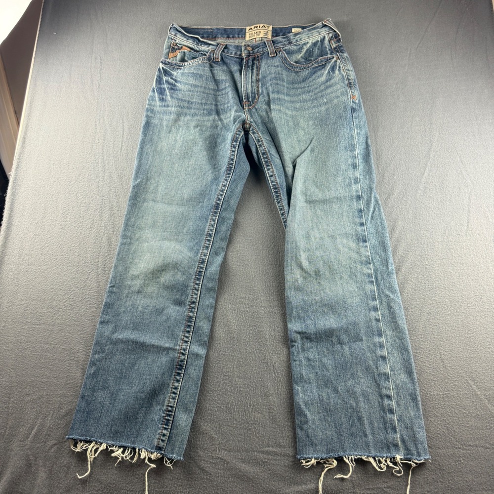 Ariat M4 Jeans Men's 33x32 (Fits 34x31) Blue Relaxed Bootcut Raw Hem Whiskered
